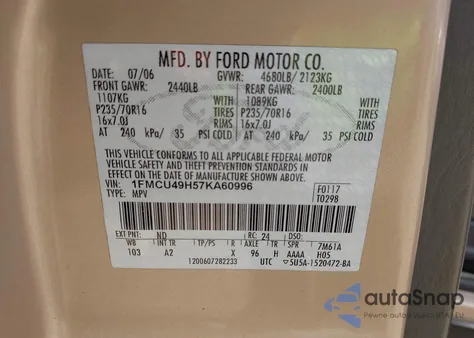 2007 Ford Escape Hybrid z USA, uszkodzony, nr VIN 1FMCU49H57KA60996